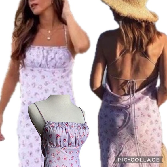 Zara Floral Print Satin Effect Slip Light Mauve Dress Backless Crisscross Size M - Picture 11 of 11